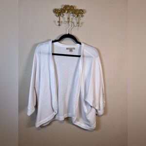 Woman Within White Ribbed Collar Open-Front Cropped Cardigan-Shrug. Size 12